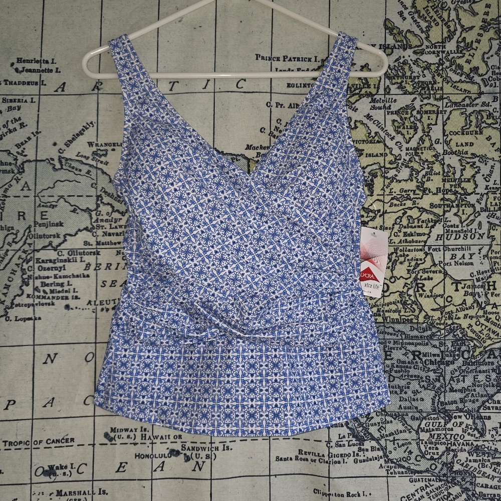 Lands' End Blue & White Printed Wrap-Front Peplum Swim Camisole